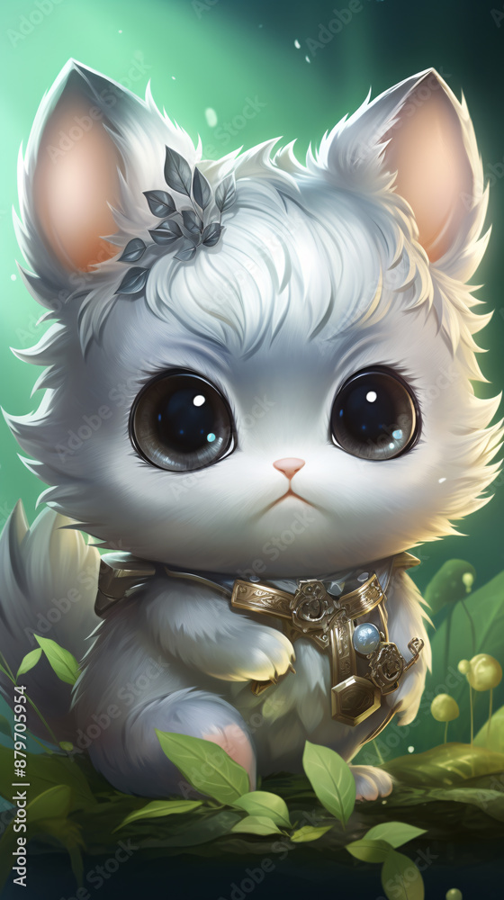 Adorable fluffy white kitten with big eyes sits in a lush green forest Adorable fluffy white kitten with big eyes sits in a lush green forest