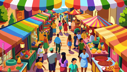 A colorful painting of a busy street with people walking and shopping. The mood of the painting is lively and bustling