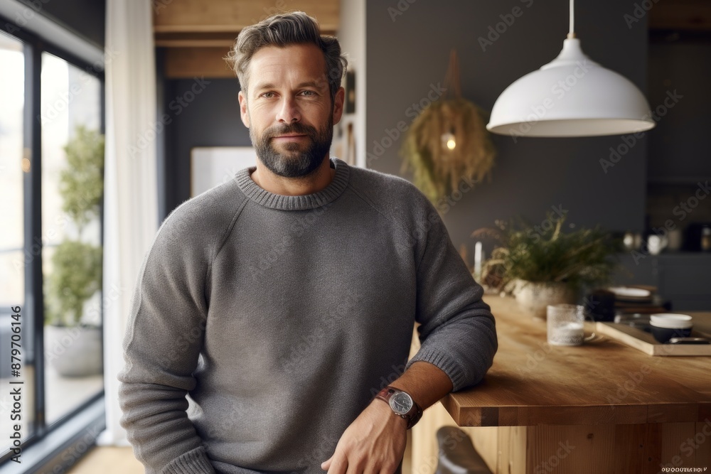 Portrait of a glad man in his 40s dressed in a warm wool sweater in front of scandinavian-style interior background Portrait of a glad man in his 40s dressed in a warm wool sweater in front of scandinavian-style interior background