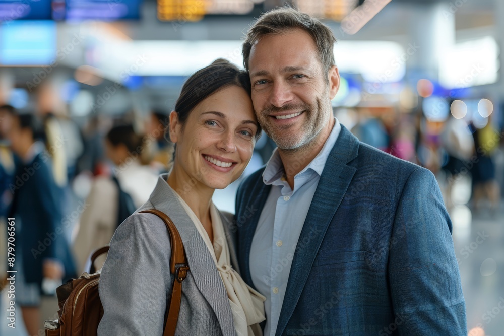 Portrait of a glad caucasian couple in their 30s wearing a professional suit jacket isolated in busy airport terminal Portrait of a glad caucasian couple in their 30s wearing a professional suit jacket isolated in busy airport terminal