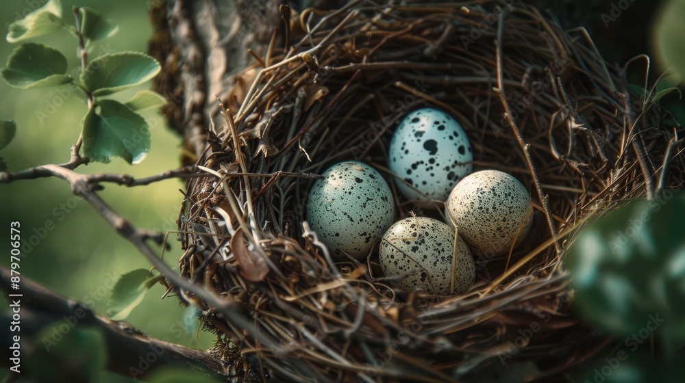Sparrow nest showcasing tiny speckled eggs in a natural tree setting
