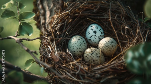 Sparrow nest showcasing tiny speckled eggs in a natural tree setting