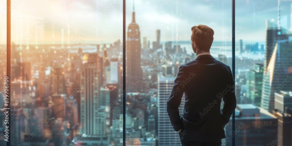 Businessman in suit, looking out office window, contemplating future. High-rise city view, symbolizing success and ambition in corporate career Businessman in suit, looking out office window, contemplating future. High-rise city view, symbolizing success and ambition in corporate career
