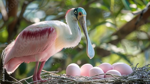 Detailed view of a spoonbill’s nest with large, pink eggs