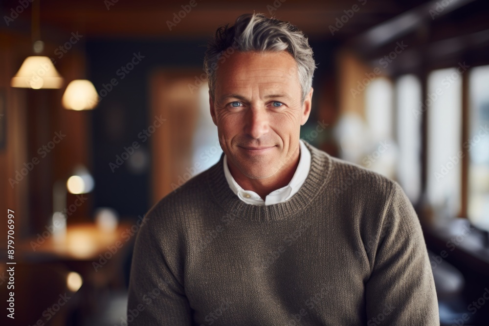 Portrait of a glad man in his 40s dressed in a warm wool sweater over scandinavian-style interior background Portrait of a glad man in his 40s dressed in a warm wool sweater over scandinavian-style interior background
