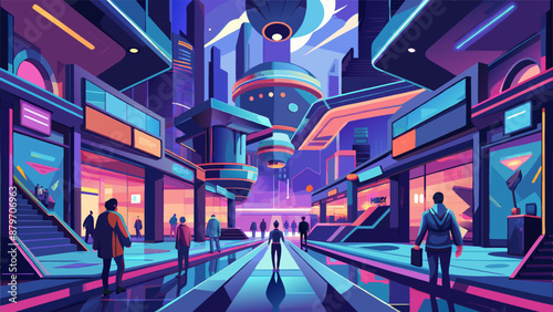 A man walks down a futuristic city street with neon lights and advertisements. Scene is futuristic and vibrant