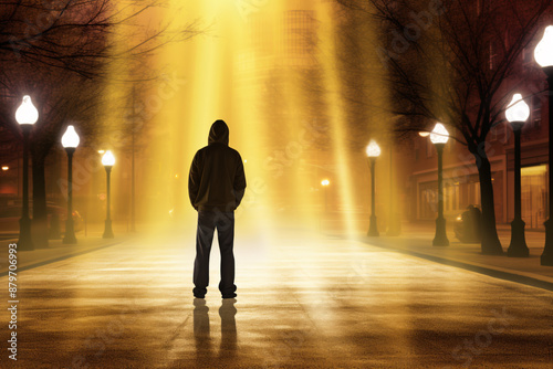 Lonely man standing in the middle of an empty street illuminated by a mysterious golden light