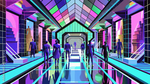 A man walks down a futuristic city street with neon lights and advertisements. Scene is futuristic and vibrant