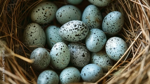 Close-up of a swallow's nest with small, speckled eggs
