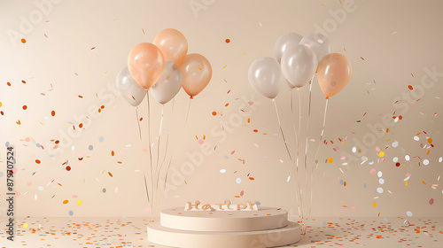 Elegant beige background with a podium decorated with balloons, confetti, and a Happy Birthday poster for product display