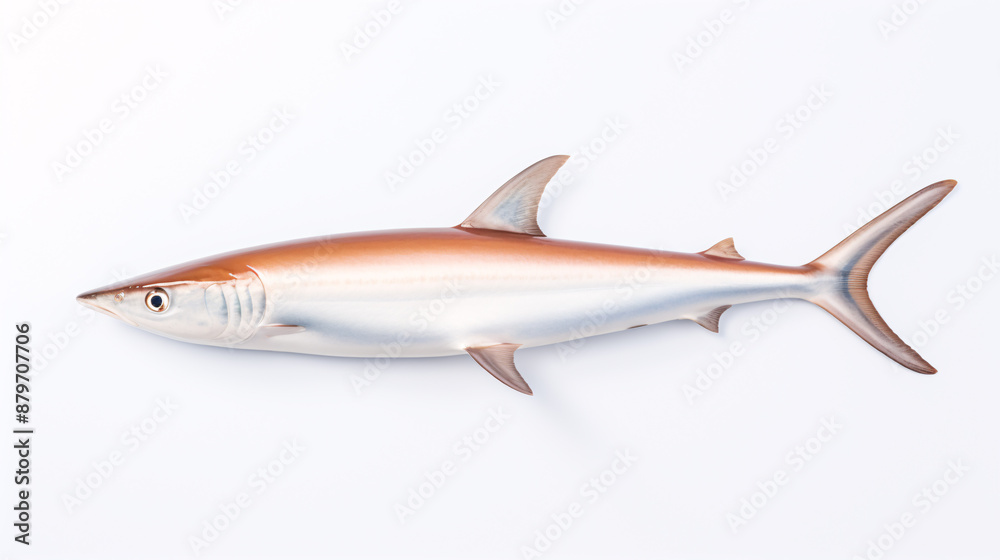 Fototapeta premium A great white shark with a white background, isolated, showing its sharp teeth and a streamlined body, symbolizing power, danger, and fear.
