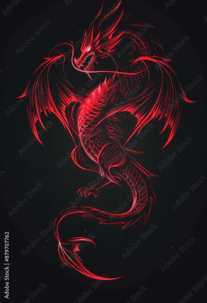 Fiery crimson dragon in mid-flight on black background Fiery crimson dragon in mid-flight on black background
