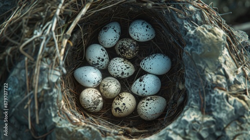 Close-up of a tern's nest holding small, pale eggs