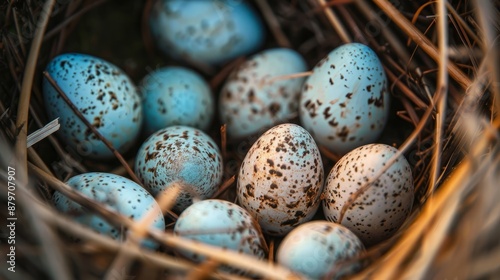 Detailed view of a tern’s nest with small, pale eggs