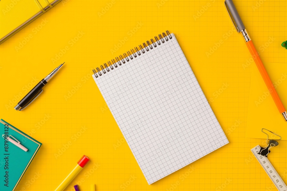 A yellow background with a spiral notebook and pens on it. The notebook is empty and the pens are of different colors A yellow background with a spiral notebook and pens on it. The notebook is empty and the pens are of different colors