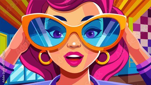 A woman wearing sunglasses and a green jacket is standing in front of a shelf of books. The image has a colorful and vibrant feel to it, with the woman's outfit and the bright colors of the background
