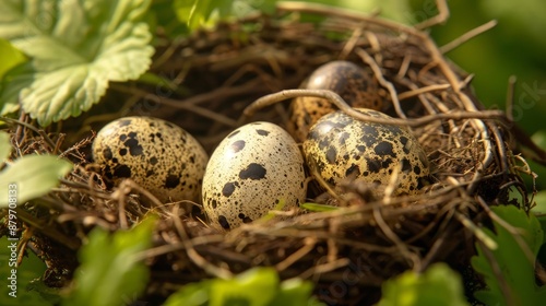 Close-up of a thrush's nest with spotted eggs
