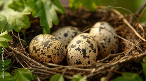 Detailed view of a thrush’s nest with spotted eggs