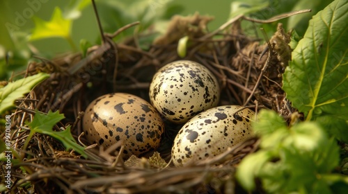 Thrush nest showcasing spotted eggs in a natural setting