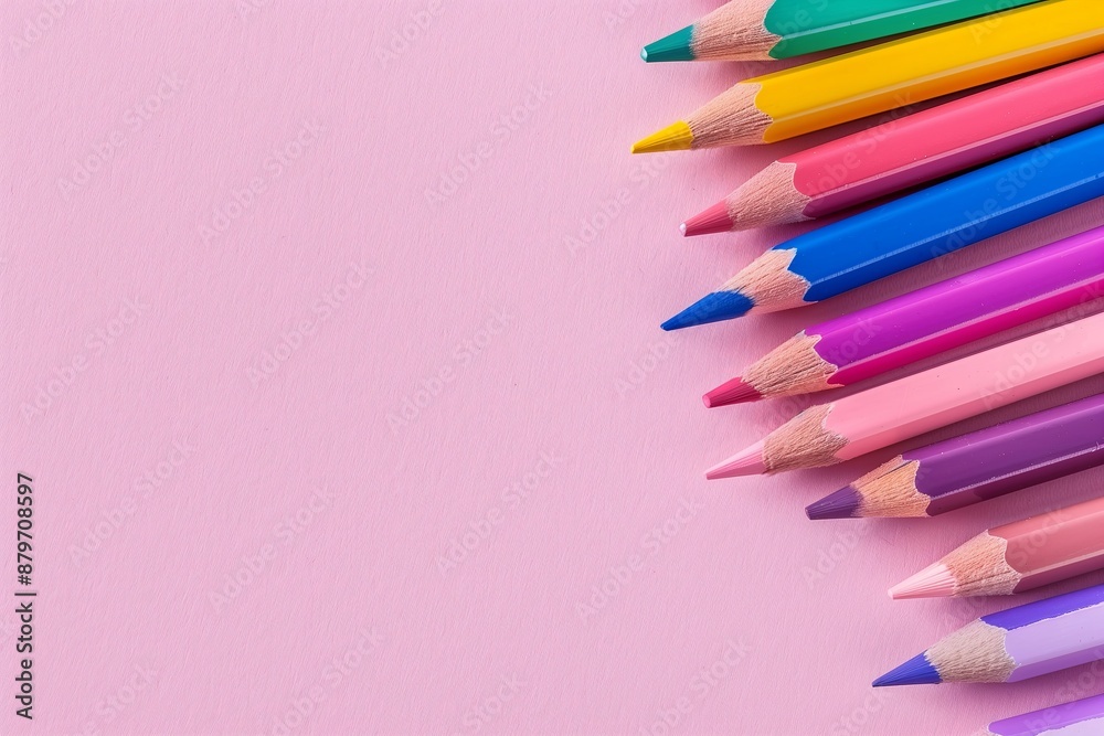 A row of colorful pencils on a pink background. The pencils are arranged in a line, with the pink background providing a soft and calming contrast to the bright colors of the pencils A row of colorful pencils on a pink background. The pencils are arranged in a line, with the pink background providing a soft and calming contrast to the bright colors of the pencils