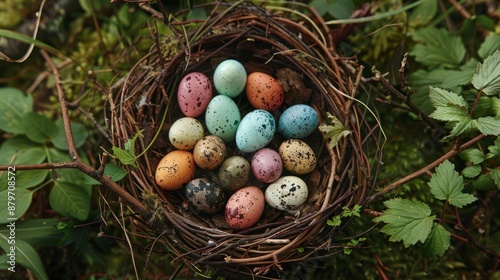 Close-up of a warbler's nest filled with tiny, brightly colored eggs
