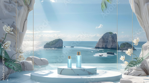 Summer, seaside scenery, Trendy stage design for skin care products serenity, A single product stage was placed in the middle digital environment. Generative AI.