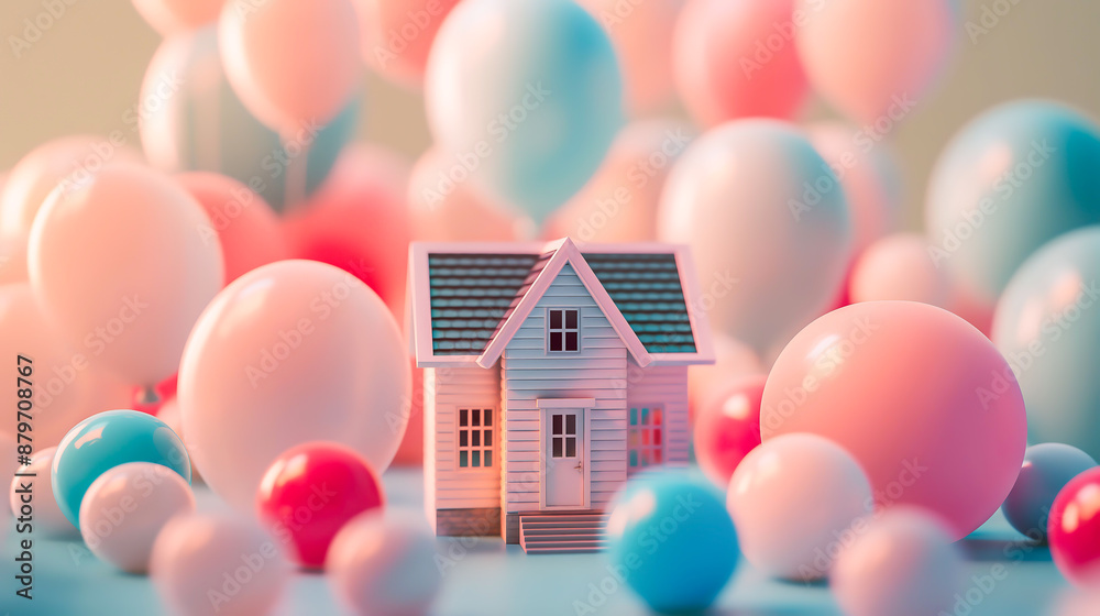An artistic shot of a mini house model surrounded by colorful balloons, representing the celebration and joy of buying or selling real estate