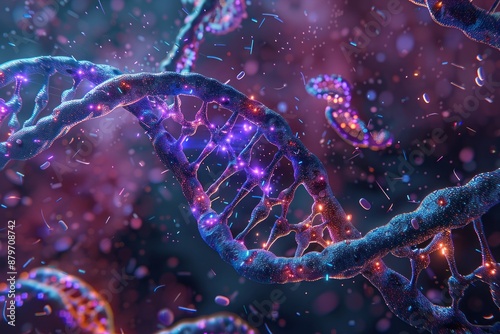 A detailed 3D-rendered image of a DNA double helix being edited by CRISPR technology, with the Cas9 protein highlighted in vivid colors photo