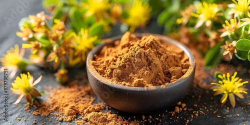 Rhodiola Rosea Root Powder Close-Up on White Background. Concept Herbal Supplement, Rhodiola Rosea, Root Powder, Close-Up, White Background photo