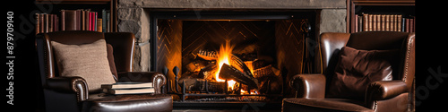 Two vintage brown leather club chairs sit in front of a stone fireplace with a roaring fire, there are books on the mantel and the chairs have books on them too