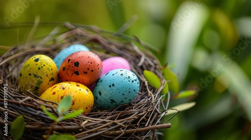A close-up view of a warbler’s nest with tiny, brightly colored eggs