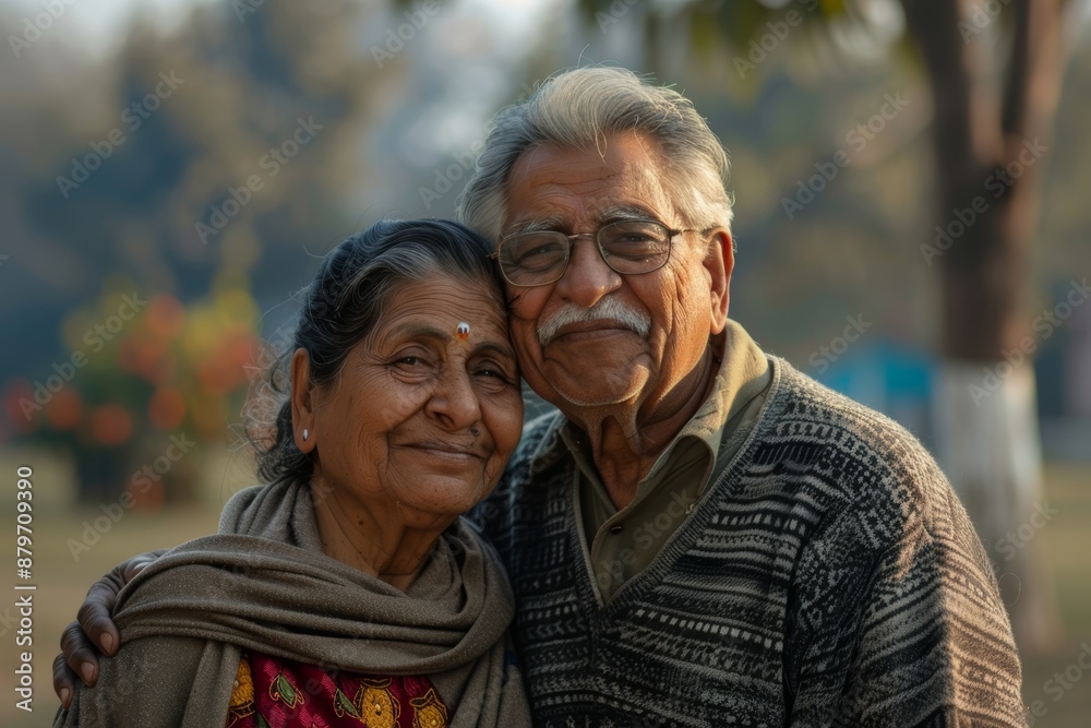 Portrait of a happy indian couple in their 70s dressed in a comfy fleece pullover over quiet countryside landscape Portrait of a happy indian couple in their 70s dressed in a comfy fleece pullover over quiet countryside landscape