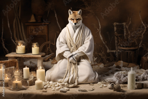 A serene fox wearing a white kimono sits in a meditative pose surrounded by candles and crystals in a dimly lit room.
