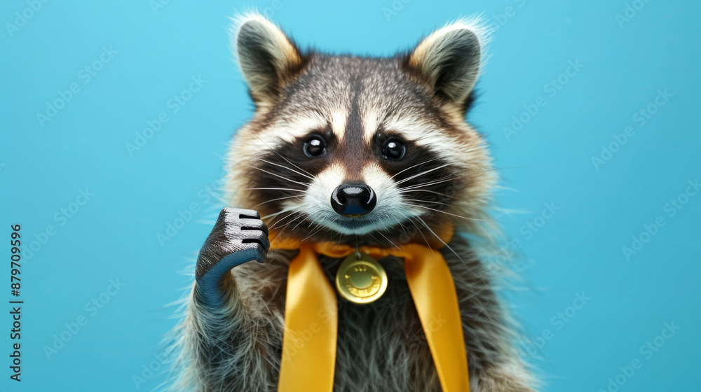 Obraz premium cute raccoon wearing medals and giving thumb up 
