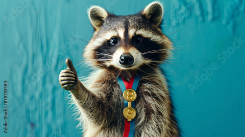cute raccoon wearing medals and giving thumb up  © Edgar Martirosyan