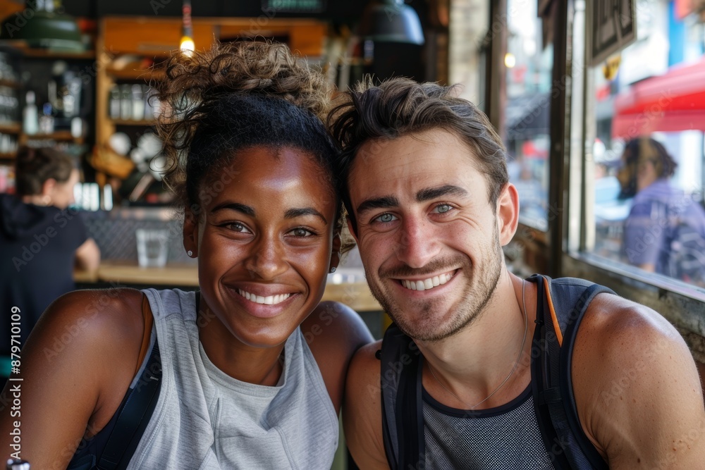 Portrait of a grinning multicultural couple in their 30s wearing a lightweight running vest in front of bustling city cafe Portrait of a grinning multicultural couple in their 30s wearing a lightweight running vest in front of bustling city cafe