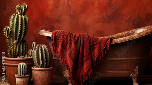 Bathtub and cacti in warm colors convey a sense of calm and tranquility.