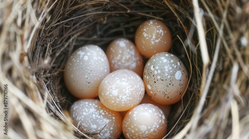 Detailed capture, barn swallow eggs nestled in twigs, epitome of natural incubation