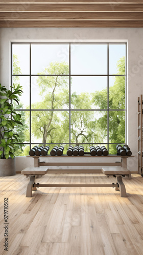 Dumbbell bench in a bright, airy home gym with a view of the trees outside.