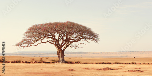 Large beautiful African Acacia tortilis tree in middle of dry grass field at sunset