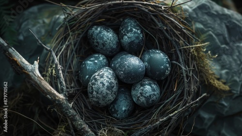 Detailed view, blackbird eggs in nest, embracing nature, serene incubation