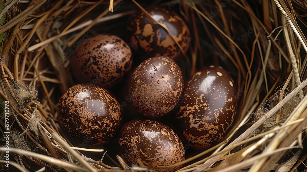 Focus on blackbird nest, glossy dark eggs among twigs, pristine natural setting Focus on blackbird nest, glossy dark eggs among twigs, pristine natural setting