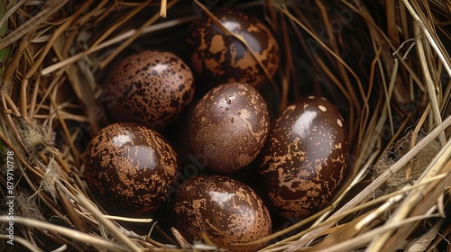Focus on blackbird nest, glossy dark eggs among twigs, pristine natural setting