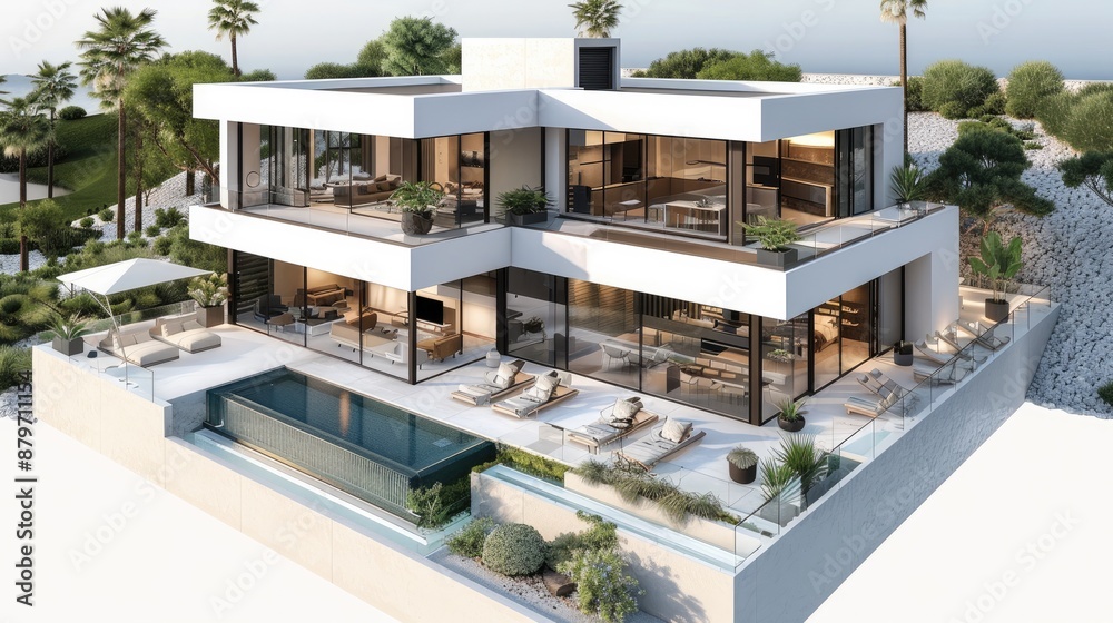 Luxury villa with a pool, expansive outdoor living area, and modern architecture on white background. isometric, 3D. Generative AI. Luxury villa with a pool, expansive outdoor living area, and modern architecture on white background. isometric, 3D. Generative AI.