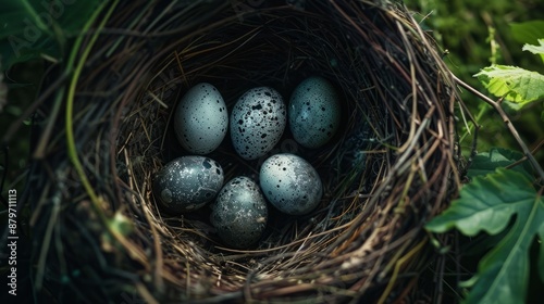 Close-up view, blackbird nest, glossy dark eggs, surrounded by twigs, natural setting