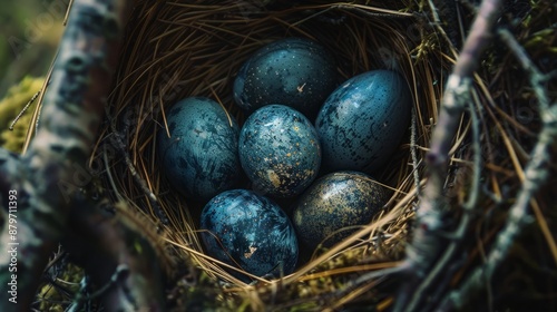 Blackbird nest focus, dark glossy eggs among twigs, natural and undisturbed environment