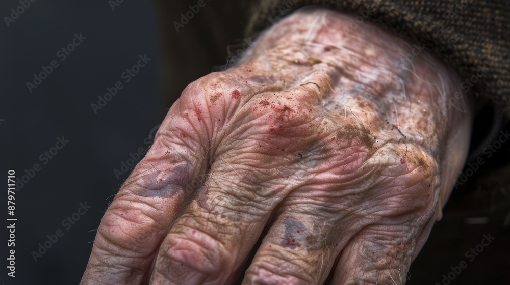 A close-up of a weathered, aged hand with scars and dirt, highlighting wrinkles and texture. A close-up of a weathered, aged hand with scars and dirt, highlighting wrinkles and texture.