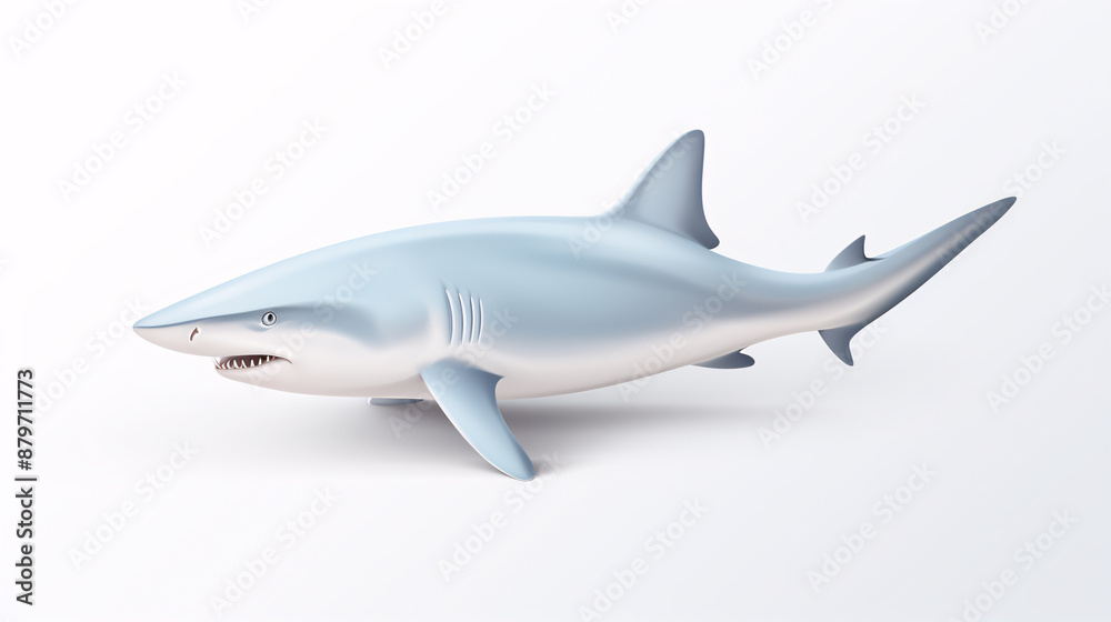 Naklejka premium A realistic illustration of a blue shark, with its mouth slightly open, and its body facing the left of the frame on a white background.