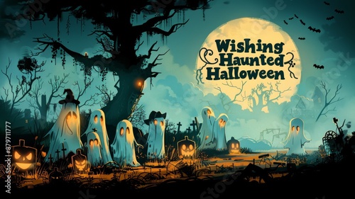 A spooky Halloween postcard depicting a foggy graveyard with ghostly figures, tombstones, and a creepy old tree, with 