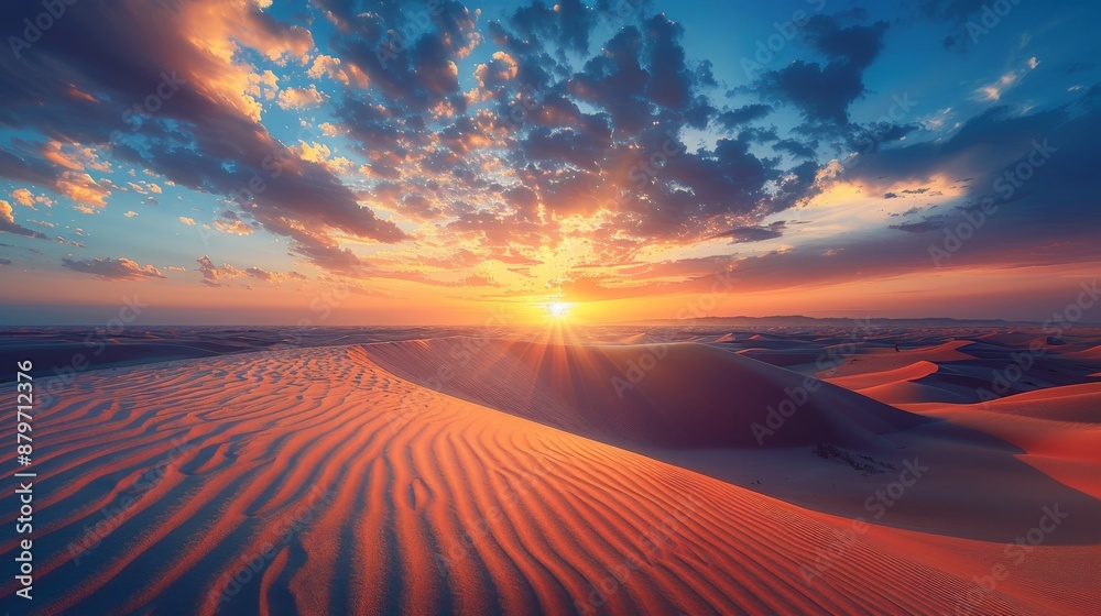 A vast desert landscape with rolling dunes, the sun setting on the horizon, creating dramatic shadows A vast desert landscape with rolling dunes, the sun setting on the horizon, creating dramatic shadows